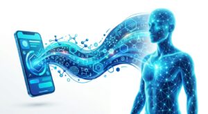 디지털 의료 정보의 흐름을 보여주는 3D 일러스트레이션
